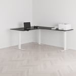 Höj och sänkbart hörnskrivbord, högersvängt, vitt stativ, svart bordsskiva 160x200cm