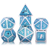Schleuder Metal Dice Set Polyhedral DND, Role Playing Game Dice Sets with Storage Case for RPG Dungeons and Dragons D&D Math Teaching Tabletop Games (Bright Silver - Light Blue)