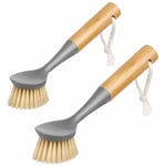 Diskborste med skrapa, bambuhandtag, skurborste, diskborste, grytdiskborste för stekpannor, grytor, diskho för rengöring, 2-pack