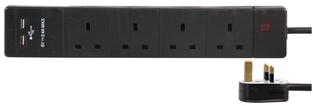 4 Gang Extension Lead With USB Slots Surge Protection 2m Power Strip | 4 Socket Multi USB Plug 2 Charging Ports 2 Meter UK Plug | Extension Leads with USB Socket Surge Protector
