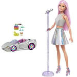 Barbie Extra Vehicle, Sparkly Silver 2-Seater Convertible Car, Gift for 3 +​ & Pop Star Doll Dressed In Iridescent Skirt with Microphone and Pink Hair, Gift for 3 to 7 Year Olds, Multicolour, FXN98