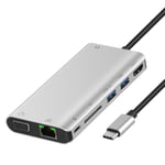 Onten 9591BD 8 in 1 USB-C / Type-C to PD USB-C / Type-C Charging + 100M Ethernet Port + Dual USB 3.0 + HDMI + VGA + SD Card Slot + 3.5mm AUX HUB (Silv