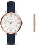 Fossil Women's Jacqueline Blue Leather Watch and Replaceable Rose-Gold Stainless Steel Strap, Set