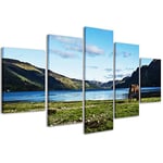 Stampe su Tela Impressions sur toile 053 Paysage Écosse Tableaux modernes Lac Chevaux en 5 panneaux déjà encadrés, prêt à être accroché, 200 x 90 cm