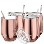 Wine Tumbler Vacuum Insulated Stemless - THILY 4 Pack Triple-Insulated Stainless Steel Wine Glass with Lid and Straw, Keep Cold or Hot for Coffee, Cocktails, Rose Gold
