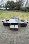 Rattan Outdoor Furniture Adjustable Rising Lifting Rectangle Dining Table  Chairs Love Sofa Sets 6 Seater