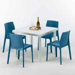 Grand Soleil - Table Carrée Blanche 90x90cm Avec 4 Chaises Colorées Set Extérieur Bar Café Rome Love Couleur: Bleu