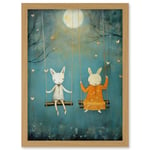 Rabbits on a Swing with Moonlit Butterflies Calming Baby Nursery Artwork Framed Wall Art Print A4