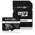 Magix Carte Mémoire microSD 64Go Classe 10 V10 U1, Vitesse de Lecture Allant jusqu'à 80 Mo/s, Evo Series (Adaptateur SD Inclus)