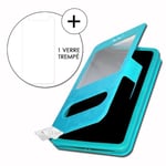 Super Pack-fodral för Nokia C2 Extra Slim 2 Eco-läderfönster + 2 skyddsglasögon med hög genomskinlighet TURQUOISE BLUE