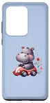 Coque pour Galaxy S20 Ultra Adorable hippopotame de dessin animé conduisant une voiture rouge, fond bleu.