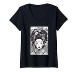 Womens Geisha Portrait Drawing of Manga Comic Geisha in Kimono V-Neck T-Shirt