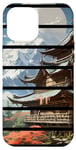 Coque pour iPhone 15 Pro Max Cercle rétro japonais temple naturel scène, soleil montagnes art