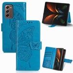 TOPOFU Coque Samsung Galaxy Z Fold 2 5G, Housse PU Flip Cuir Portefeuille Etui avec Stand Support et Carte Slot, Papillon 3D Téléphone Case Protection Cover (Bleu)