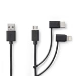 Nedis 3 i 1 kabel | USB 2.0 | USB-A Han | Apple Lightning 8-pin / USB Micro-B han / USB-C™ Han | 480 Mbps | 1.00 m | Nikkelplateret | Runde | PVC | Sort | Label