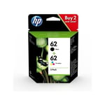 Hp 62 Pack de 2 cartouches d'encre noire et trois couleurs authentiques (N9J71AE) pour Officejet Mobile 250, Envy 5540/5640/7640