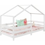 Lit cabane rena lit simple montessori pour enfant 90 x 200 cm, avec barrières de protection, en pin massif lasuré blanc - Blanc