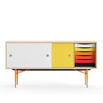 Sideboard With Tray Unit, Oak, White/Yellow, Orange Steel, Warm