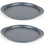 Russell Hobbs COMBO-5447 Nightfall Stone Pizza Trays - Set of 2 Round 14.5" Pizza Pans, Non-Stick Perforated Baking Trays, Carbon Steel, PFOA Free, Multi-Pack Crisper Tray, Flatbreads & Garlic Bread