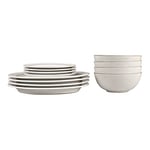 Denby - Natural Canvas Dinner Set for 4-12 Piece Tableware - Dishwasher Microwave Safe Stoneware Crockery - Glaze, Beige, White - 4 x Dinner Plate, 4 x Small Plate, 4 x Cereal Bowl