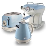 Ariete ARPK6 Retro Style Jug Kettle, 2 Slice Toaster and Espresso Machine Set, Vintage Design, Blue