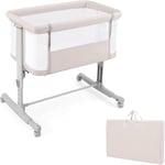 COSTWAY 3 en 1 Lit Cododo Bébé avec Matelas & 5 Hauteur Réglable, Lit Bébé Evolutif avec Inclinaison 3-8°, Roues avec Frein, Sac de Transport, Charge 9kg pour 0-6 Mois, 84x48x80cm (Beige)