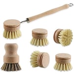 Basage 6 Piece Washing Up Brush Wooden Dish Brush Set with Natural Fibre Bristles and Wooden Handle - Wood Washing Brush with Interchangeable Head/Replacement Head