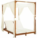 Helloshop26 - Transat chaise longue bain de soleil lit de jardin terrasse meuble d'extérieur double avec rideaux et coussins bois d'acacia - Bois