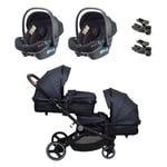 babyGO Syskonvagn Twinner grå inkl. 2 adaptrar och 2 bilbarnstolar iTravel XP black