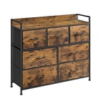 SONGMICS Commode, Armoire, Meuble de Rangement, 7 Tiroirs en Tissu avec Poignées, Cadre en Métal, Style Moderne, Marron Rustique et Noir d'Encre LTS137B01