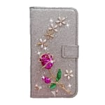 Huzhide Samsung Galaxy A71 Case, Glitter Diamonds Girly 3D Rose Flower Magnetic Shockproof PU Leather Wallet Flip Phone Cover with Card Holder Stand TPU Bumper Protective Case for Samsung A71, Silver
