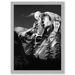 Moonrise Behind Half Dome High Contrast Black White Photograph Yosemite National Park Full Moon and Mountain Forest Landscape Artwork Framed A3 Wall Art Print