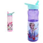 Disney - Minnie Mouse Flip Up Water Bottle 600ml, Official Disney UK Merchandise by Polar Gear, Pink & Blue & Disney Frozen Water Bottle with Straw – Reusable Kids 600ml PP – in Purple, Multi Colour