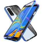 Glass Case for OPPO Find X2 5G, Metal Frame Magnetic Adsorption Case Double-Sided 9H Tempered Glass Aluminum Shockproof Bumper 360 Protection Cover Anti-scratch Clear Case, Blue