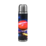 BKEOY Travel Mug Vacuum Insulated Stainless Steel Double Wall Leak Proof Mug Bottles Galaxy Space Big Bang Planet Personalized Printed Genuine Leather Wrapped Thermos Flask 500ml