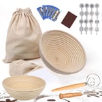 Banneton Round Bread Proofing Basket 9" 10" with 6 Pack Baking Tools – Cloth Liner, Bread Bag, Whisk, Scraper, 16 Stencils, Lame(1+4 Replaceable Blades)