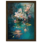 Low Hanging Cherry Blossom Branch in River Stream Modern Watercolour Painting Artwork Framed Wall Art Print A4