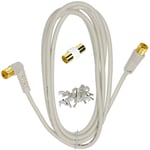 1STec 5m Right Angled-Straight Male Connectors + Coupler + Clips 75ohm Coax TV Aerial Fly Lead for Connecting Wall Outlets to Flat Screen LED LCD Televisions or Freeview Set Top Boxes (5 Metre White)