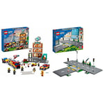 LEGO 60321 City Fire Brigade Set & 60304 City Road Plates Building Toys, Set with Traffic Lights, Trees & Glow in the Dark Bricks, Gifts for 5 Plus Year Old Kids, Boys & Girls