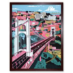 Clifton Suspension Bridge Pink and Teal Cityscape Art Print Framed Poster Wall Decor 12x16 inch