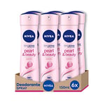 NIVEA Pearl & Beauty Spray déodorant en lot de 6 x 150 ml Déodorant Femme avec Extraits de Perle pour Peau Lumineuse et Souple Deo Spray Anti-Transpirant pour 48h