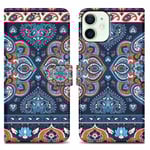 Coque - CADORABO - iPhone 12 MINI - Mandala Blå - Similskinn - Magnetisk Stängning Blå