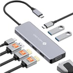 NOVOO USB C Docking Station, 8-en-1 Hub USB C vers Double HDMI, Displayport 4K@120Hz, VGA, USB C 3.1, USB A 3.1, PD 100W, Stations d'accueil Quadruple Affichage pour MacBook HP Lenovo Dell