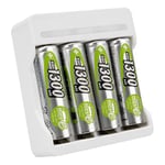 ANSMANN Chargeur de piles Basic IV + 4 piles rechargeables HR6 1300 mAh 1,2V (1 pce) – Mini chargeur pour 1 à 4 piles NiMH Mignon AA/Micro AAA – Chargeur de batterie compact