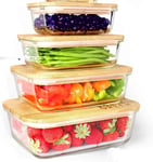 AIMS Glass Food Container 4pk Set Rectangular Food Storage Containers With Eco-Friendly Airtight Bamboo Wood Lids -Plastic-Free, Heat And Cold Resistant Glass Ideal For Lunch, Meal Prep And Baking
