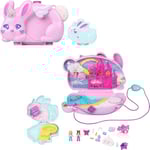 Polly Pocket Coffret de Voyage Lapin avec 2 Mini-Figurines et 12 Accessoires, Dont des Animaux de Compagnie, Coffret Sac à Main 2 en 1 thème Lapin Licorne