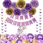Lila Dekorationer för Föddelsedag för Kvinnor Flickor Fjäril Hängande Girlang Grattis på Födelsedagen och Lila Guld Ballonger Pappersblommor för Födelsedagsfest