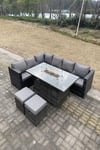 8 Seater PE Rattan Corner Sofa Set Gas Fire Pit Dining Table Heater 2 Small Stools