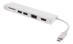 Deltaco USB-C hubb, 1x HDMI 4K at 30Hz, 1x VGA, 2x USB-A 3.1, 1x SD-kortläsare, vit