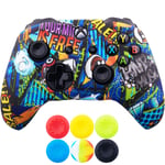 9CDeer 1 Piece of SiliconeTransfer Print Protective Cover Skin + 6 Thumb Grips for Xbox One/S/X Controller Graffito Blue